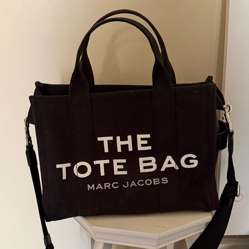 Marc Jacobs Black Canvas Messenger Tote with White Logo